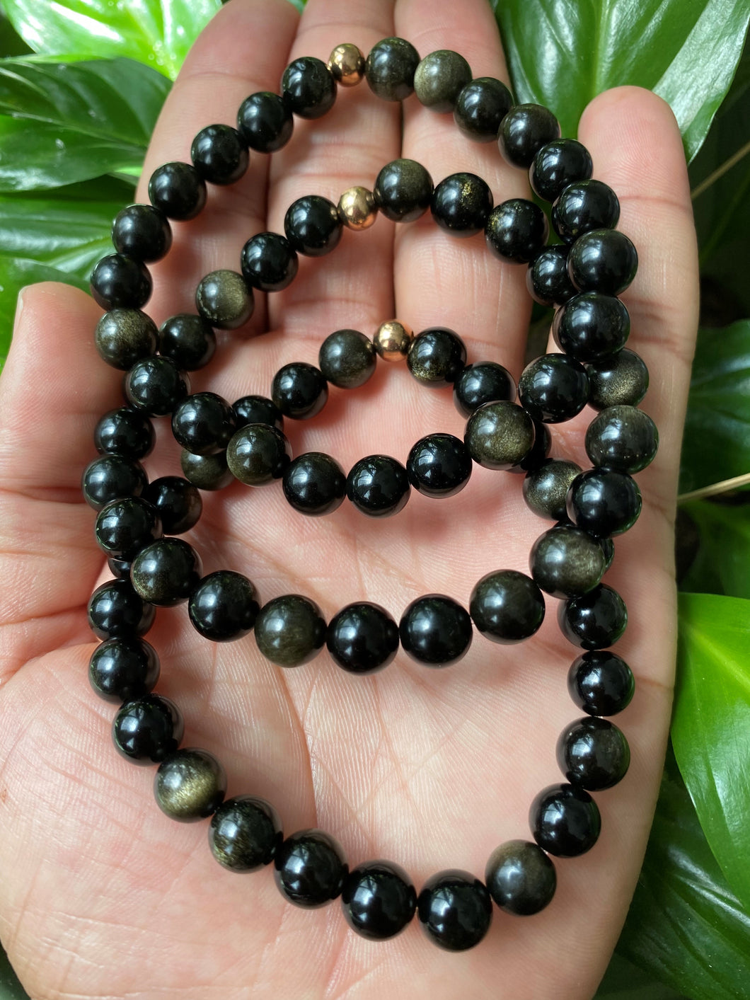 Mahogany Obsidian Bracelet with African Jade and Tiger Eye - Golden Lotus  Mala